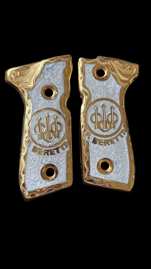 Cachas Beretta 9mm Oro 14K y Resina Blanca Acabado Premium